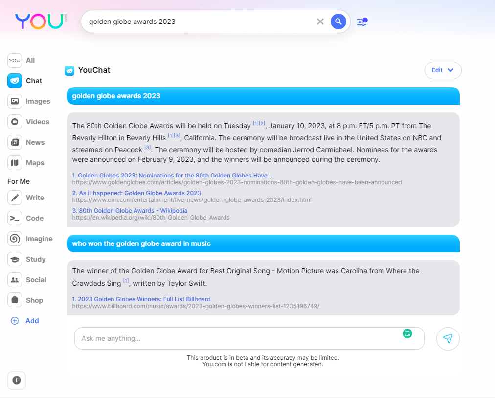 You.com search engine result