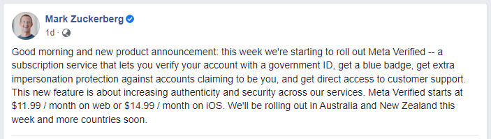 Mark Zuckerberg statement on meta verify